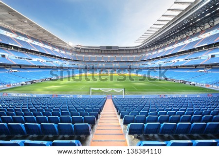 MADRID - MARCH 8: Empty Santiago Bernabeu Stadium - arena of soccer club Real Madrid, on March 8 2012 in Madrid, Spain. Spanish football club Real Madrid created March 6, 1902.