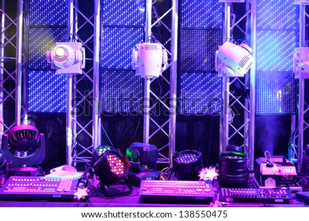 Lighting equipment and controls for clubs and concert halls in the exhibition lighting equipment