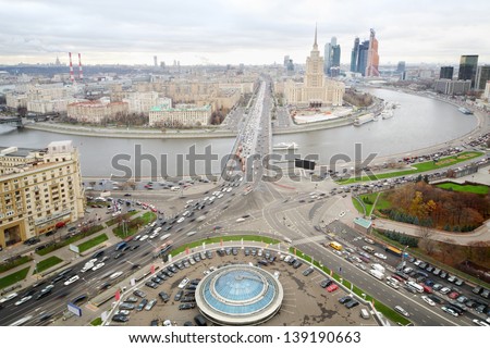 Panoramic view on Moskva river, Novoarbatsky bridge and hotel Ukraine in Moscow, Russia.