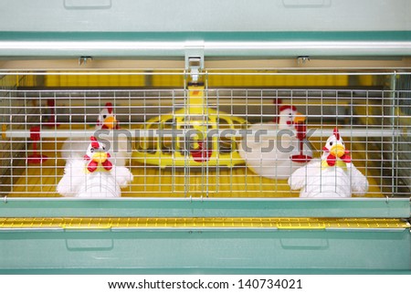 Demonstration of chicken industrial incubator with soft toy chickens.