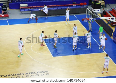 MOSCOW - SEP 29: Zalgiris team (Lithuania) trains before match in tournament for cup named Gomelsky in CSKA sports center, on Sep 29, 2012 in Moscow, Russia.