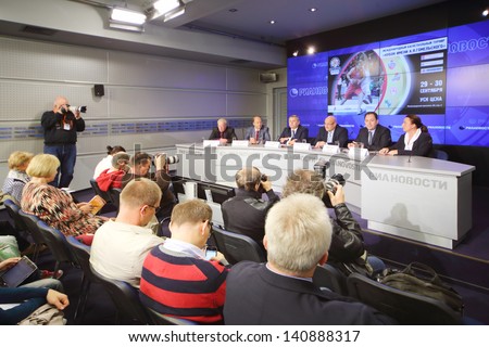 MOSCOW - AUGUST 15: Press conference before international basketball tournament cup name Gomelsky in press center of RIA Novosti, on August 15, 2012 in Moscow, Russia.