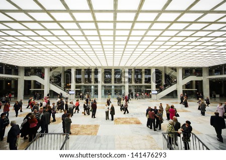 MOSCOW - OCTOBER 14: People in lobby after anniversary concert of Edyta Piecha in Kremlin Palace, on October 14, 2012 in Moscow, Russia.
