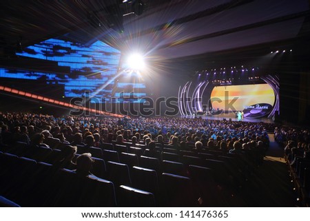 MOSCOW - OCTOBER 14: Spotlight, audience and stage at concert of Edyta Piecha at Kremlin Palace, October 14, 2012 in Moscow, Russia. Singer during her lifetime became owner of large number of awards.