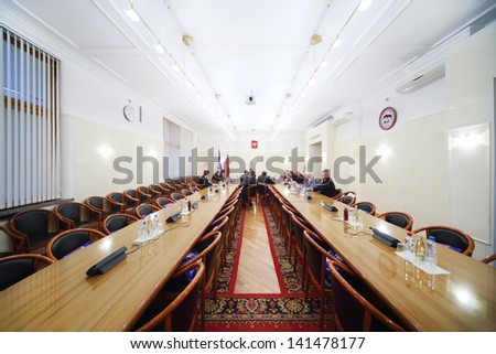 MOSCOW - OCTOBER 6: Small meeting in room of State Duma, on October 6, 2012 in Moscow, Russia. State Duma of Russian Federation consists of four parties.