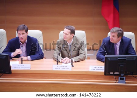 MOSCOW - OCT 6: Alexander Zhukov, Sergey Naryshkin (Head of State Duma), Igor Ananskikh at presentation of Olympic Winter Games 2014 in Russian State Duma, Oct 6, 2012 in Moscow, Russia.