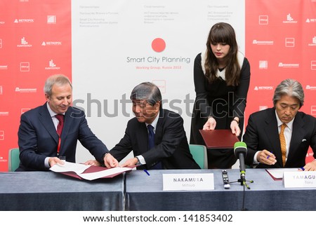 MOSCOW - OCT 10: Signing of Agreement of Intent SCP with Russian real estate companies on Exhibition Forum Matidzukuri: new generation of smart city at Embassy of Japan, Oct 10, 2012 Moscow, Russia.