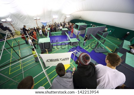 MOSCOW - NOV 17: The place of the 5th parkour contest to move at the University of Physical Education, Max Attack: Death Circle, on Nov 17, 2012 in Moscow, Russia