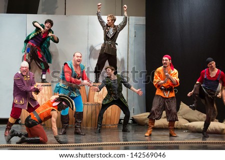 MOSCOW - OCT 18: A scene with pirates at open rehearsal of the musical Treasure Island in the Concert Hall Izmailovo on October 18, 2012 in Moscow, Russia.
