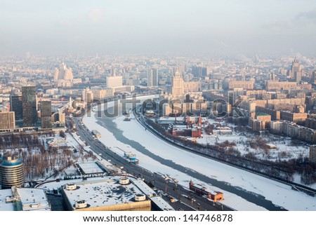 MOSCOW - JAN 2: View from Moscow City on the landscape with White House, Hotel Ukraine, Foreign Office and Moscow River on Presnensky district in the winter on January 2, 2013 in Moscow, Russia.