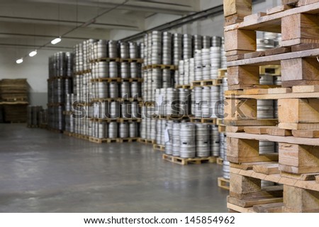 MOSCOW - OCT 16: Wooden pallets for beer kegs in stock brewery Ochakovo on Oct 16, 2012 in Moscow, Russia. Ochakovo is largest Russian company beer and soft drinks industry without foreign capital.