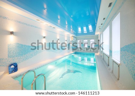 Indoor pool with images of dolphins at bottom and clear water in big room.