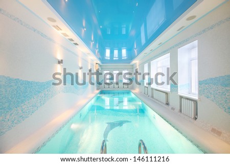 Beautiful clean pool with images of dolphins at bottom in big room.