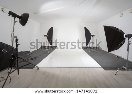 Studio with photographic equipment and a white backdrop