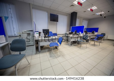 MOSCOW -  JAN 24: Office of Skylink company with tables, chairs and office equipment on January 24. 2013 in Moscow, Russia.