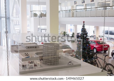 MOSCOW - JAN 11: The layout of the building the Volkswagen Center Varshavka in the showroom Center on January 11, 2013, Moscow, Russia. The center was built 10 September 2010