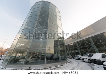 MOSCOW - JAN 11: The transparent construction for storage of new cars Volkswagen, Varshavka Center on January 11, 2013, Moscow, Russia. Tower was designed and built in 2009