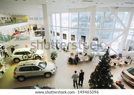 MOSCOW - JAN 11: Top view of the showroom on the first floor of dealership of Volkswagen Center Varshavka January 11, 2013, Moscow, Russia. Building of the center contains a three floor