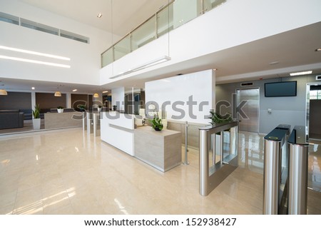 The reception at the entrance in a business center with modern style