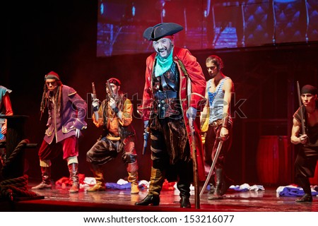 MOSCOW - DEC 15: Actors in role of pirates on stage at Big Concert Hall Izmailovo during musical spectacle for children Treasure Island, December 15, 2012, Moscow, Russia.