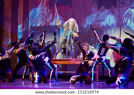 MOSCOW - DEC 15: Group of actors on stage during musical spectacle for children Treasure Island at Big Concert Hall Izmailovo, December 15, 2012, Moscow, Russia.