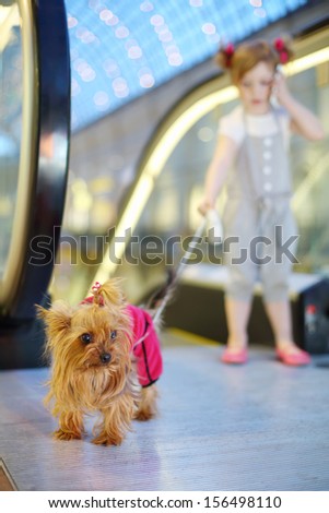 Little girl talks by cell phone and held on leash small dog next to escalator in mall. Focus on dog.