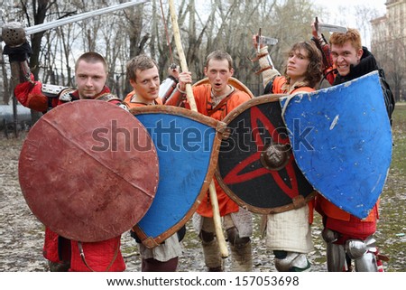 MOSCOW - APRIL 28: West soldiers with shields on Maneuvers East versus West, on April 28, 2013 in Moscow, Russia. Prototype of maneuvers East vs. West  served Battle of Grunwald.