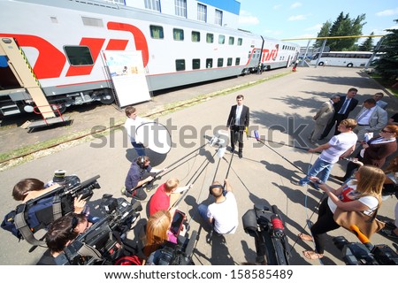TVER - JUN 05: Journalists interviewed director of the Tver Carriage Works about a two storey passenger car, on June 05, 2013 in Tver, Russia.