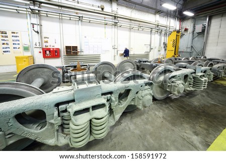 TVER - JUN 05: Trolley wheel sets in the assembly shop of the Tver Carriage Works, on June 05, 2013 in Tver, Russia.