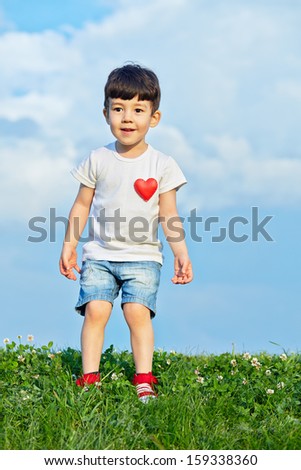 Little boy in shorts and white t-shirt with pinned red heart stands on grassy meadow against cloudy sky