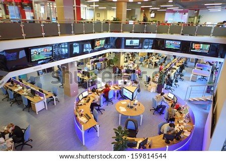 MOSCOW - MAR 5: Office buildings news agency RIA Novosti with many screens on March 5, 2013 in Moscow, Russia.
