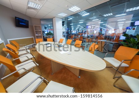 MOSCOW - MAR 5: Conference room in office buildings news agency RIA Novosti with round table on March 5, 2013 in Moscow, Russia.