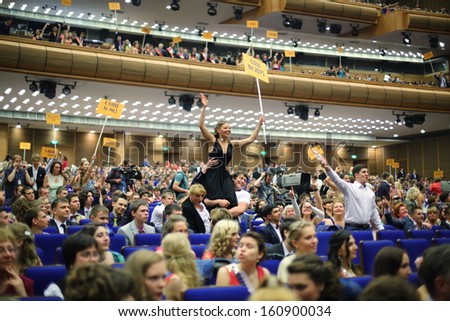 MOSCOW - JUN 23: Graduates from different secondary schools in the State Kremlin Palace on June 23, 2013 in Moscow, Russia.