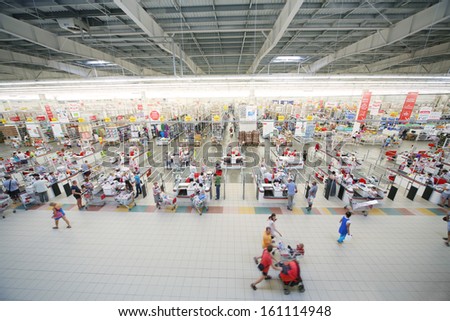 SAMARA, RUSSIA - JULY 7: Top view of a hall Auchan hypermarket, July 7, Samara. In Russia there are more than a hundred stores Auchan