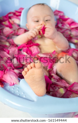 Sole of the baby foot in a bathtube with rose petals in studio, focus on leg.