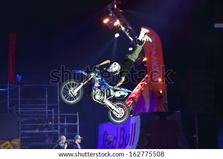 MOSCOW - MAR 02: Jump rider with acrobatic stunts on the festival extreme sports Breakthrough 2013 in the arena of the Olympic Sports Complex, on March 02, 2013 in Moscow, Russia.