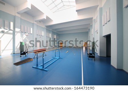 Empty school gymnasium with blue floor and gymnastic apparatus.