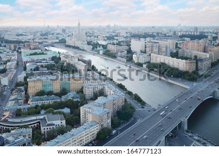View of Moskva River and Building on Kotelnicheskaya Embankment in Moscow, Russia. View through window.
