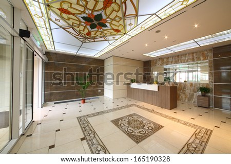 Moscow - Oct 11: The Elegant Front With Stained Glass Ceilings And Ceramic Granite Floor And Walls In The Apartment Complex Dubrovskaya Sloboda, On October 11, 2013 In Moscow, Russia.