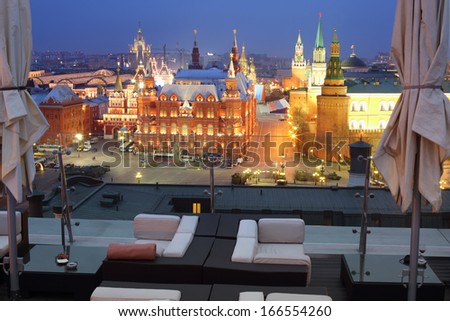 MOSCOW - MAY 3: View of the Historical Museum and Kremlin from the restaurant O2 Lounge, May 3, 2013, Moscow, Russia. Restaurant is located in hotel The Ritz-Carlton
