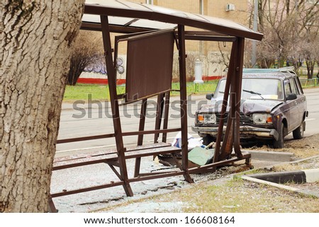 MOSCOW - APRIL 28: Car crashed into bus stop on Progonnyy passage, on April 28, 2013 in Moscow, Russia. 5162 crashes was in Moscow from January to June 2013.