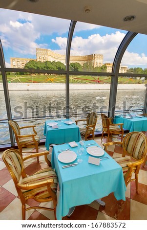 MOSCOW - AUG 13: View from the window of floating Restaurant River Palace on the beautiful building on August 13, 2013 in Moscow, Russia.