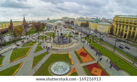 MOSCOW - OCT 19: View from unmanned quadrocopter to World Clock Fountain on Okhotny Ryad underground shopping mall on October 19, 2013 in Moscow, Russia.