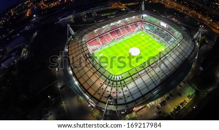 MOSCOW - OCT 21: Night view from unmanned quadrocopter to Lokomotiv Stadium with football field on October 21, 2013 in Moscow, Russia.