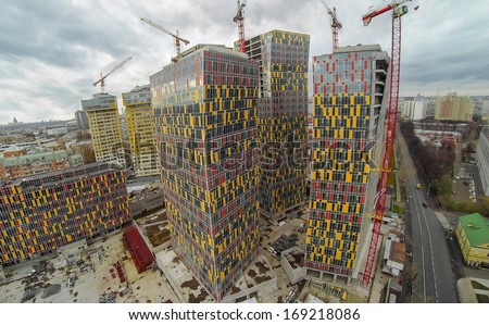 MOSCOW - OCT 20: Construction of Housing Complex Sky House (unmanned drone view)  on October 20, 2013 in Moscow, Russia.