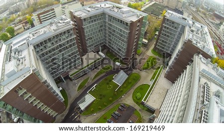 MOSCOW - OCT 10: ( UAV view)  Office and hotel complex Vivaldi Plaza with green lawns on October 10, 2013 in Moscow, Russia.