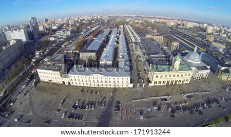 MOSCOW, RUSSIA - NOV 09, 2013: (view from unmanned quadrocopter) Leningradsky railway station. It is oldest railway station in Moscow. Opening date 1849.