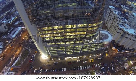 MOSCOW, RUSSIA - DEC 18, 2013: (aerial view) Business Centre Preo-8 and Preobrajenskaya Square. Height of twenty-eight-storey building Preo-8 is 106 m.