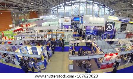 MOSCOW, RUSSIA - DEC 4, 2013: (aerial view) Exhibition Electrical Networks of Russia - 2013 in exhibition center MosExpo (VVC).
