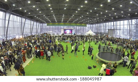 MOSCOW, RUSSIA - JAN 25, 2014: Aerial view to people at largest European festival of modern technology, science and art Geek Picnic.